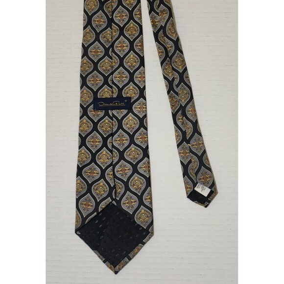 Oscar de la Renta Made in USA Mens Silk Tie 4"x56" Blue Grey Yellow Medallion - Picture 3 of 6